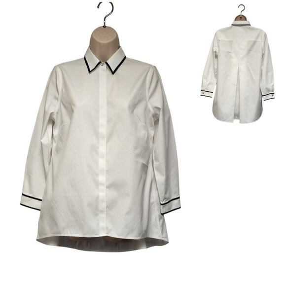 Chico's White/Black Button Up No Iron Contrast Trim Tunic Blouse Size US 4-6P - Picture 4 of 10